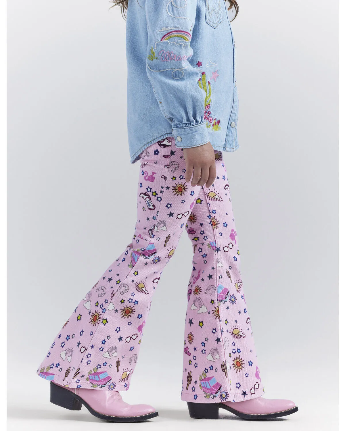 Product Name:  Wrangler® X Barbie™ Girls' Mid Rise Printed Stretch Trumpet Flare Jeans