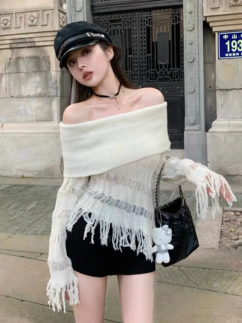 Pure Desire Hot Girl Sexy One-shoulder Top Women's Design Niche Autumn and Winter Clothes Tassel Knit Sweater Sweater Bottoming 