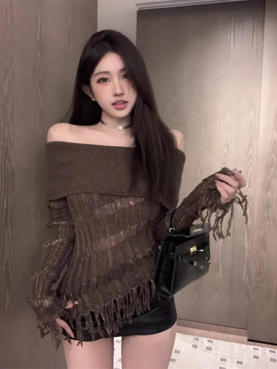 Pure Desire Hot Girl Sexy One-shoulder Top Women's Design Niche Autumn and Winter Clothes Tassel Knit Sweater Sweater Bottoming 