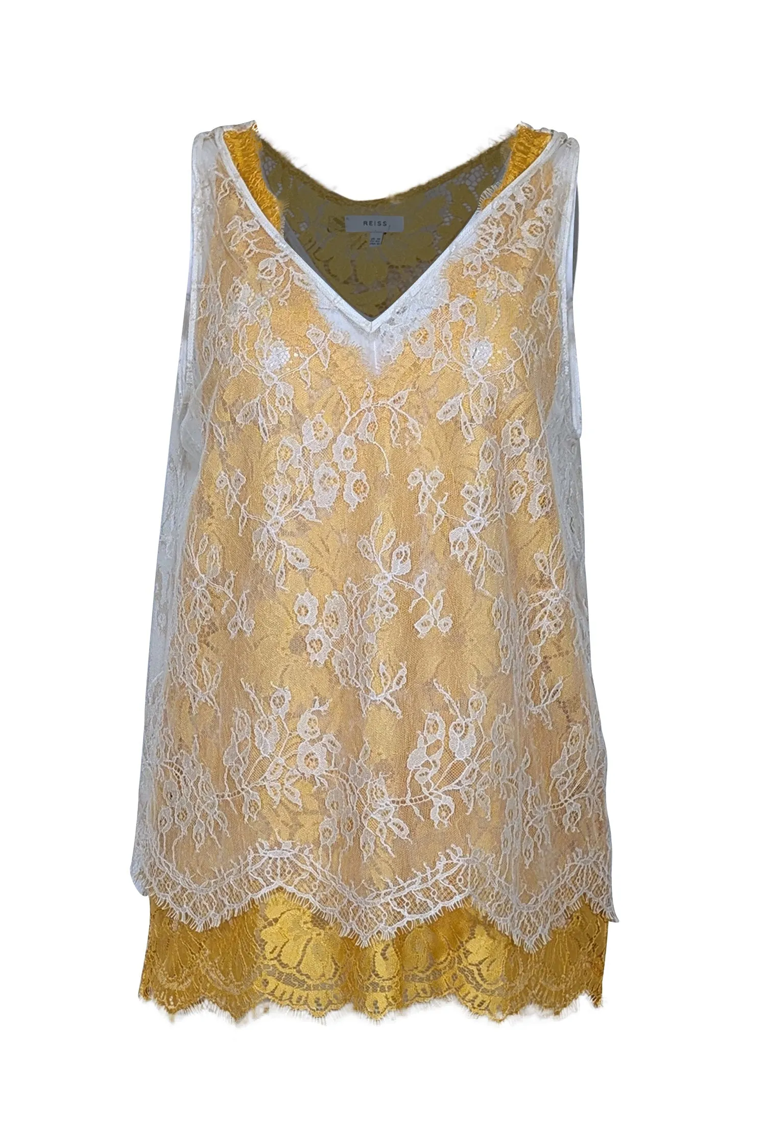 Reiss - Yellow & Cream Layered Lace Sleeveless Top Sz 10