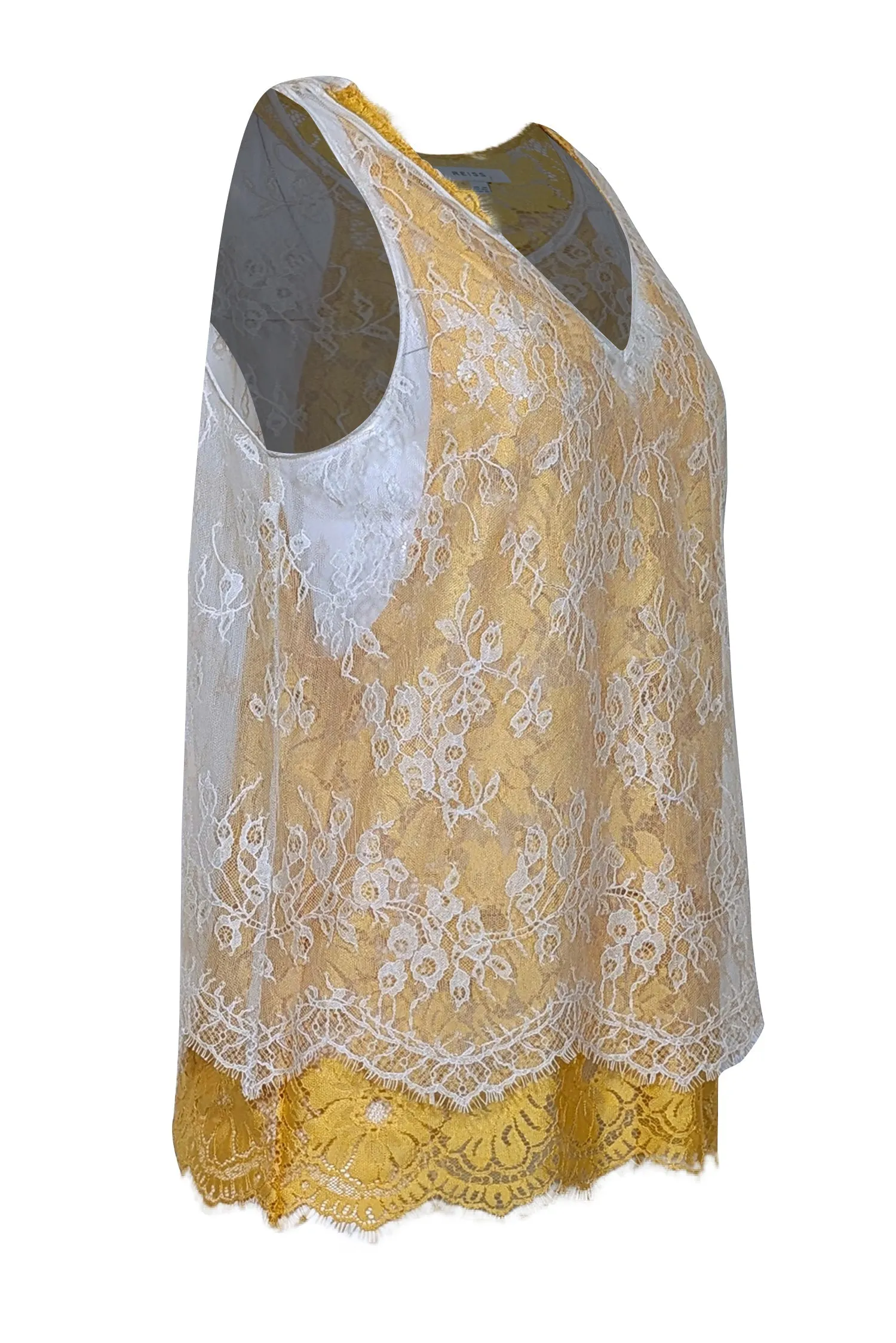 Reiss - Yellow & Cream Layered Lace Sleeveless Top Sz 10