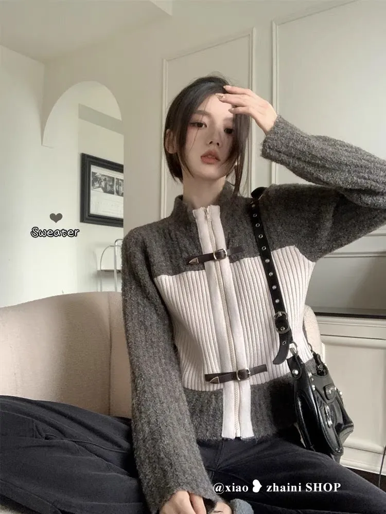 Retro contrasting color sweater for women early spring 2023 lazy style knitted cardigan jacket design niche loose top