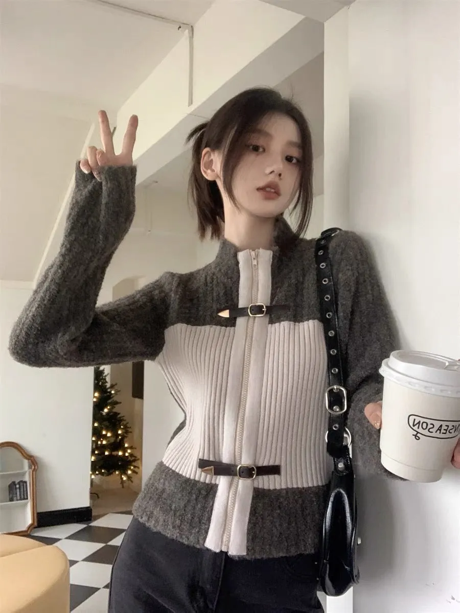 Retro contrasting color sweater for women early spring 2023 lazy style knitted cardigan jacket design niche loose top