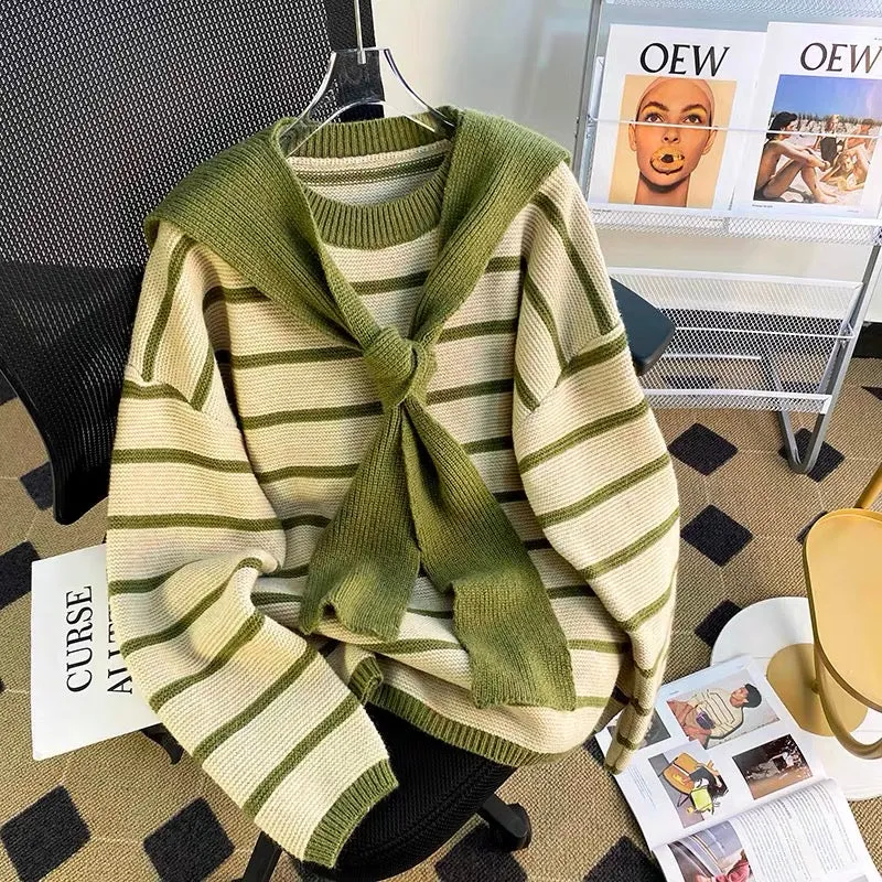 Retro shawl striped thickened sweater for women autumn and winter 2023 new loose design niche outer wear sweater