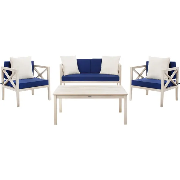 Safavieh Nunzio 4-Piece Outdoor Set with Accent Pillows, White/Blue