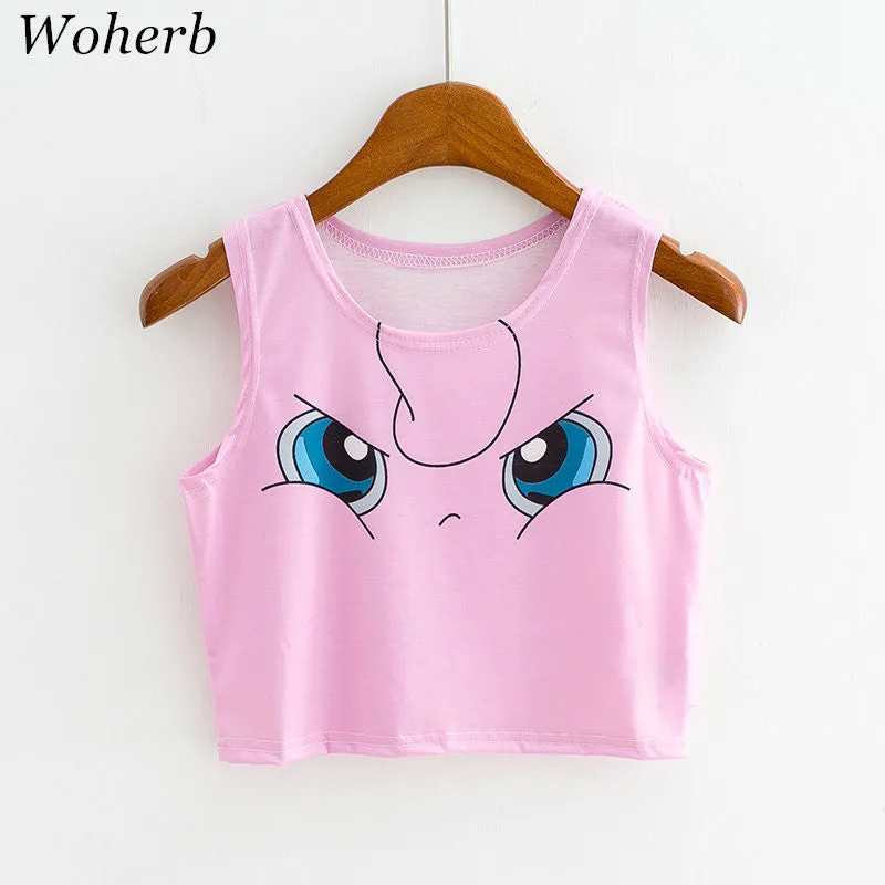 Six Color Cartoon Animal Print  New Fashion Sleeveless Kawaii Women T-shirts Plus Size Female T shirts Cute Crop Top 72607 GS