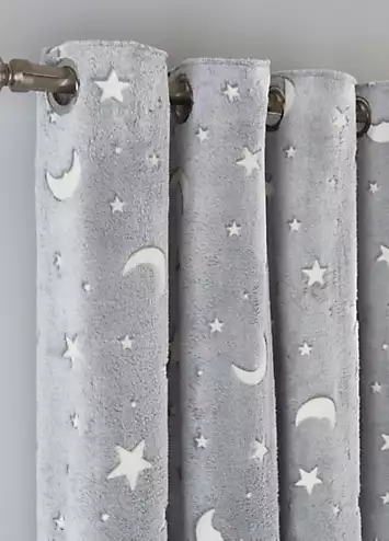 Sleepdown Teddy Fleece Glow in the Dark Moon & Stars Pair of Eyelet Lined Curtains | Kaleidoscope