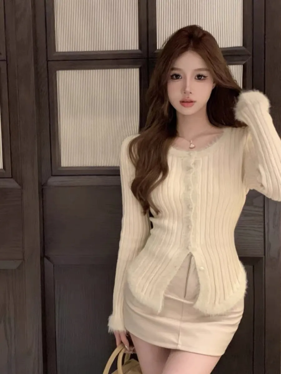 Soft waxy raw edge splicing short Maillard top for women in autumn hot girl slimming long-sleeved knitted cardigan jacket