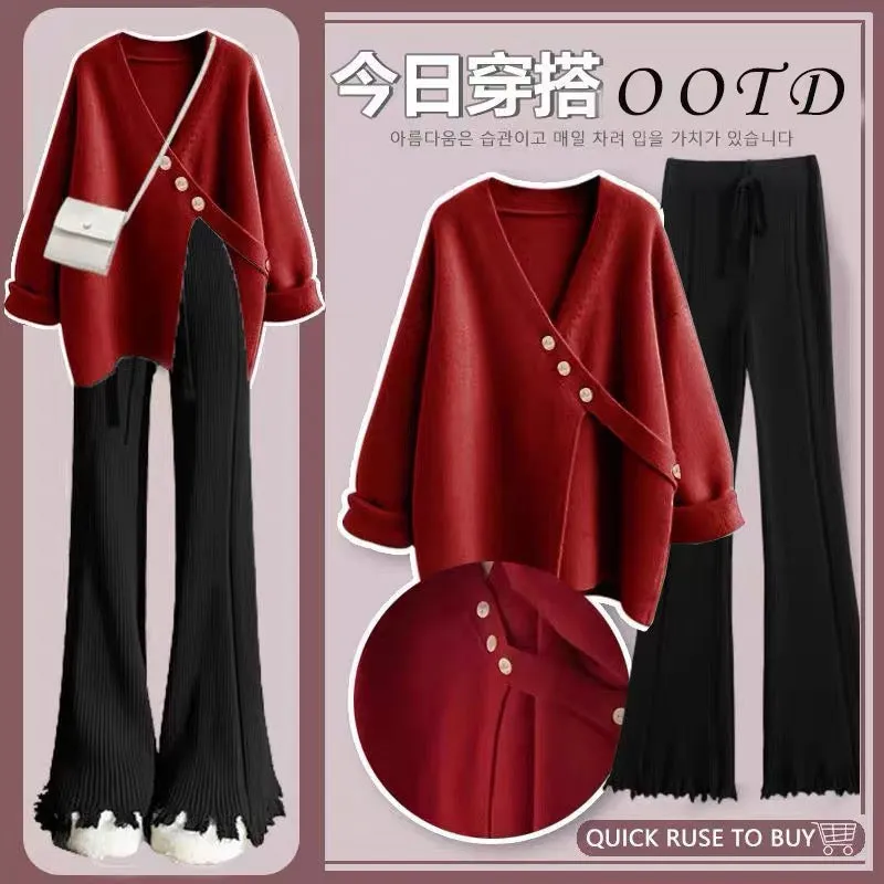 Street Fashion Suit Spring and Autumn Women 2023 New Large Size Fat mm Covering Flesh Loose Sweater Wide Leg Pants Two-piece Set