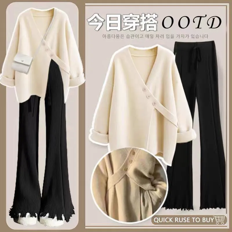 Street Fashion Suit Spring and Autumn Women 2023 New Large Size Fat mm Covering Flesh Loose Sweater Wide Leg Pants Two-piece Set