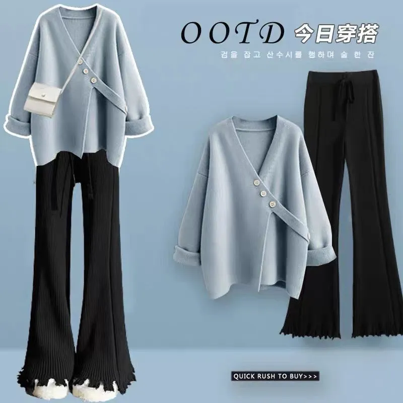 Street Fashion Suit Spring and Autumn Women 2023 New Large Size Fat mm Covering Flesh Loose Sweater Wide Leg Pants Two-piece Set