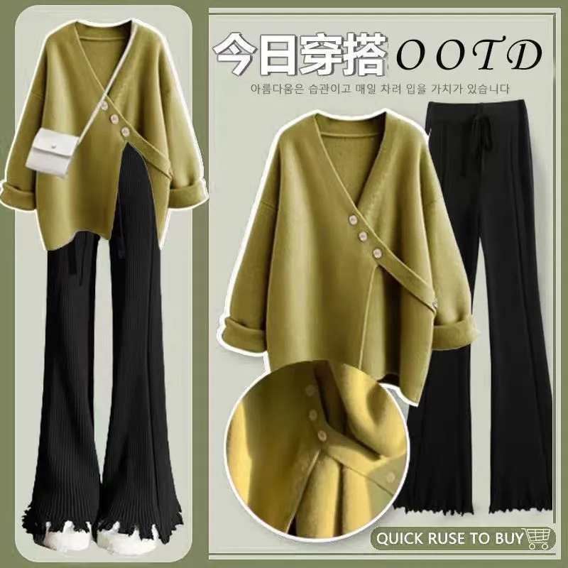 Street Fashion Suit Spring and Autumn Women 2023 New Large Size Fat mm Covering Flesh Loose Sweater Wide Leg Pants Two-piece Set