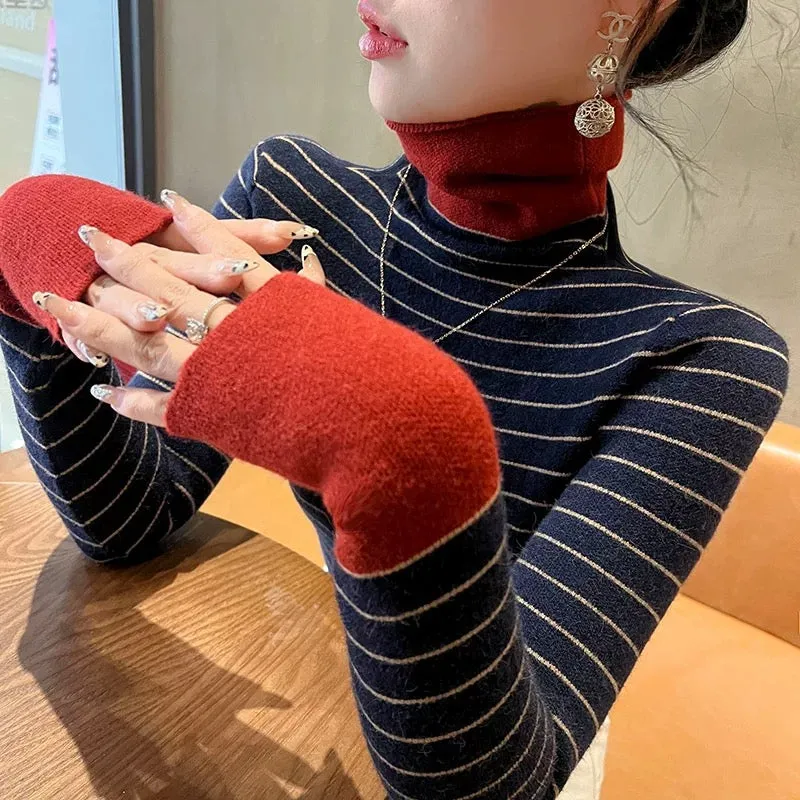 Striped turtleneck sweater autumn and winter women's 2024 new slim fit top contrast color bottoming shirt with western style wom