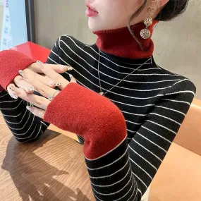 Striped turtleneck sweater autumn and winter women's 2024 new slim fit top contrast color bottoming shirt with western style wom