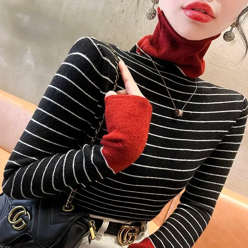 Striped turtleneck sweater autumn and winter women's 2024 new slim fit top contrast color bottoming shirt with western style wom