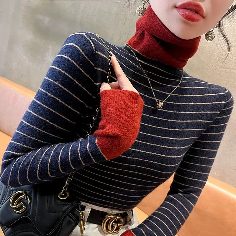 Striped turtleneck sweater autumn and winter women's 2024 new slim fit top contrast color bottoming shirt with western style wom