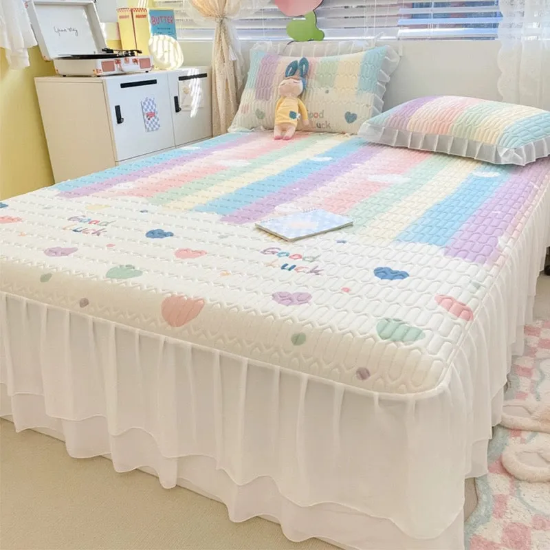 Summer printed bed skirt latex ice silk mat three-piece set princess style bed sheet air conditioning mattress mat machine washa