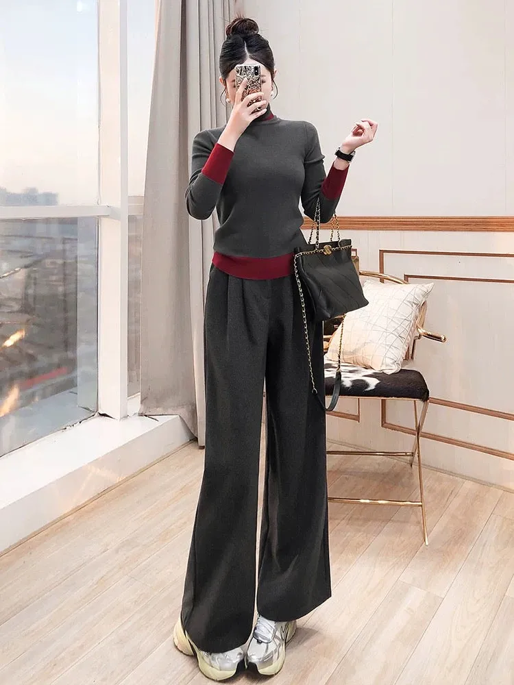 Sweater suit two-piece autumn and winter women's clothing 2024 new two-piece gray knitted top trousers inner suit