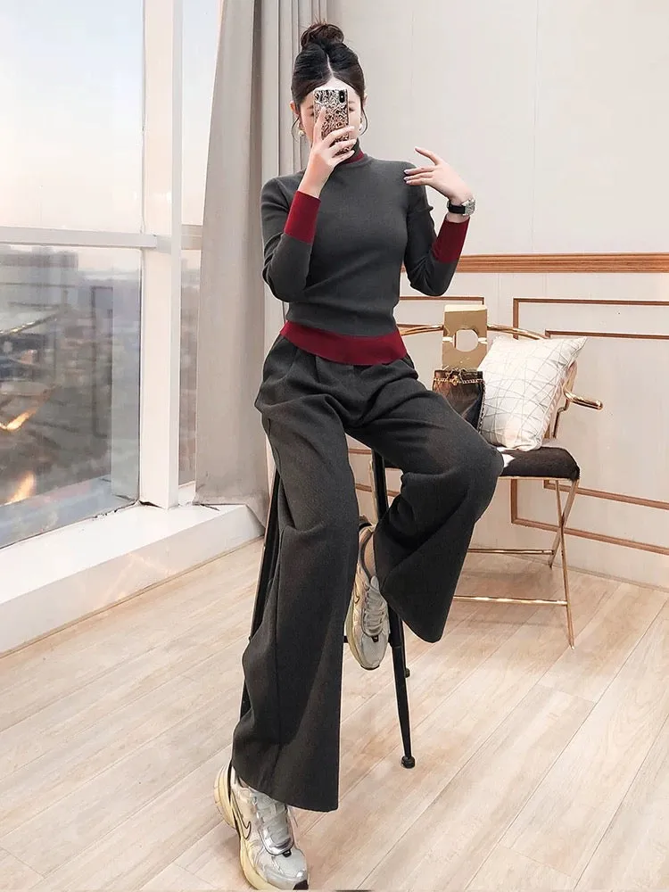 Sweater suit two-piece autumn and winter women's clothing 2024 new two-piece gray knitted top trousers inner suit