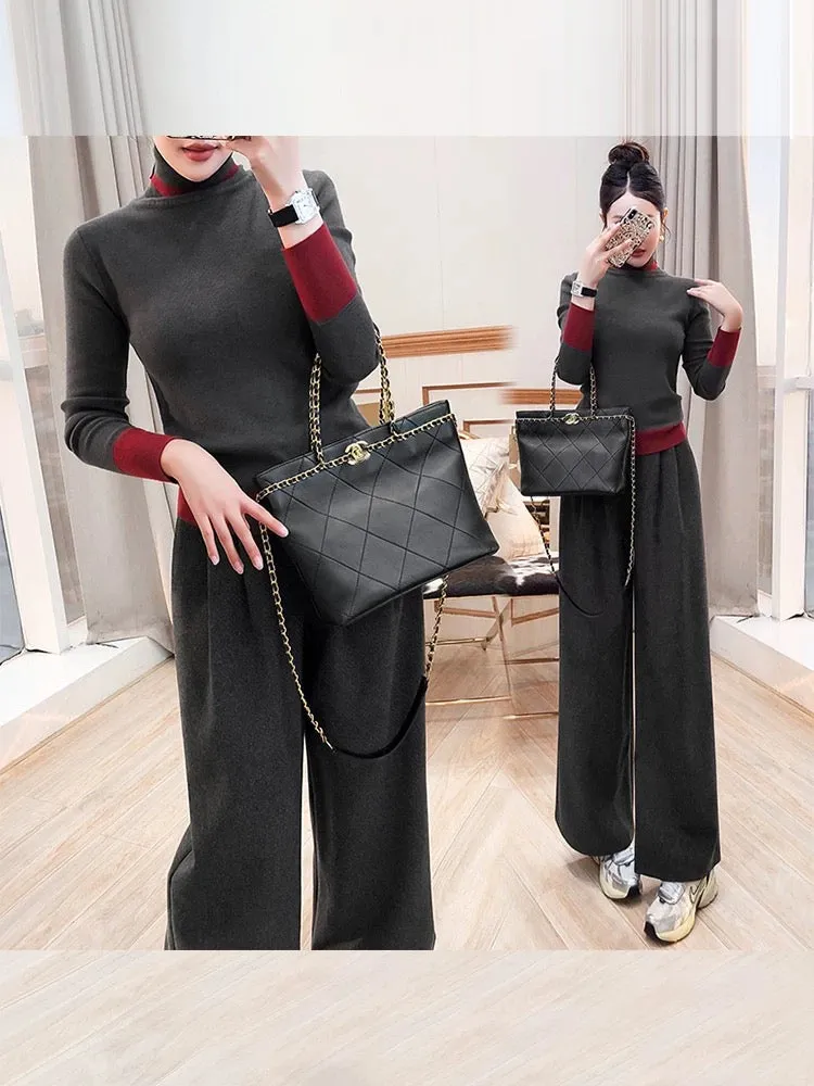 Sweater suit two-piece autumn and winter women's clothing 2024 new two-piece gray knitted top trousers inner suit