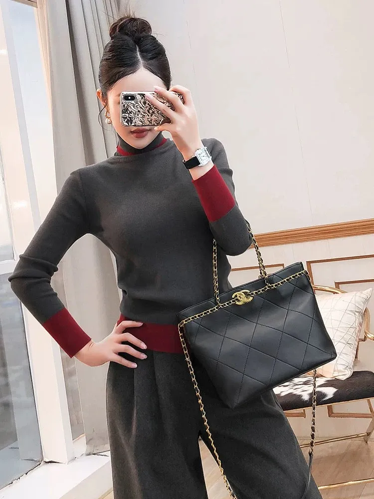 Sweater suit two-piece autumn and winter women's clothing 2024 new two-piece gray knitted top trousers inner suit