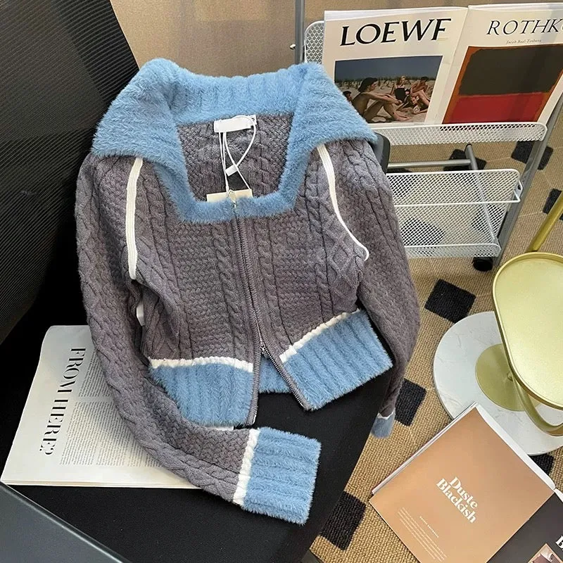 Sweet cool girl design short knitted cardigan autumn and winter new color matching slim slim long-sleeved sweater bottoming shir