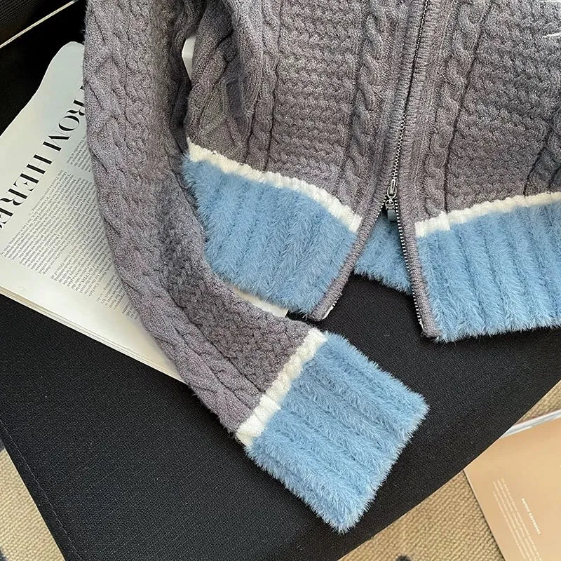 Sweet cool girl design short knitted cardigan autumn and winter new color matching slim slim long-sleeved sweater bottoming shir