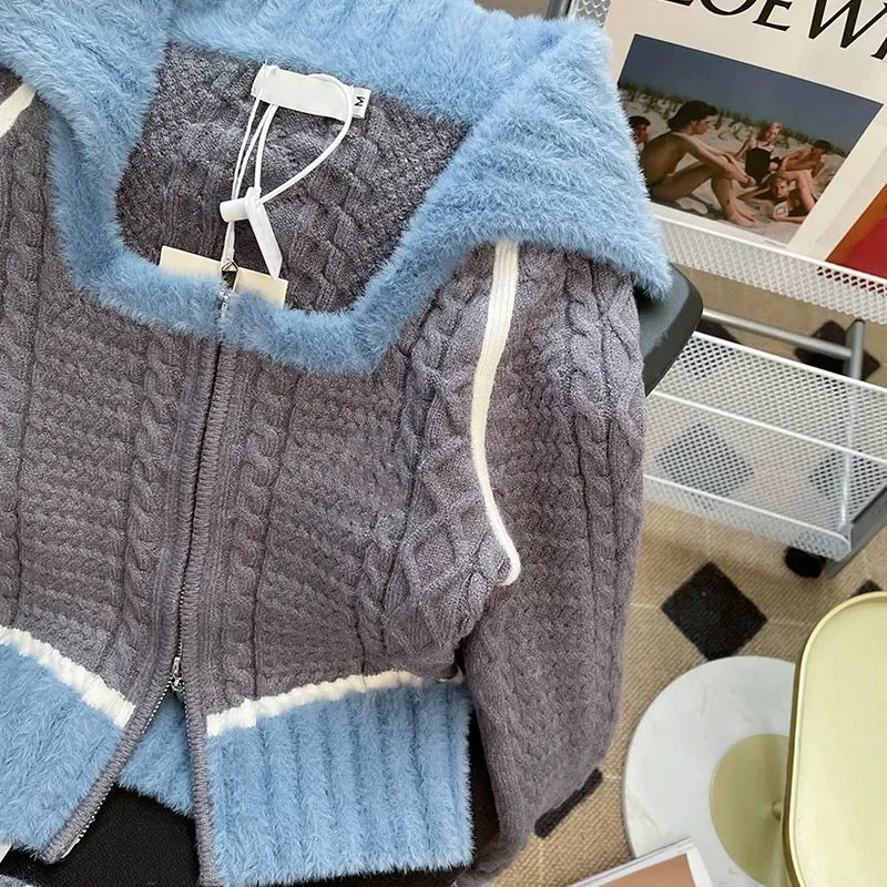 Sweet cool girl design short knitted cardigan autumn and winter new color matching slim slim long-sleeved sweater bottoming shir