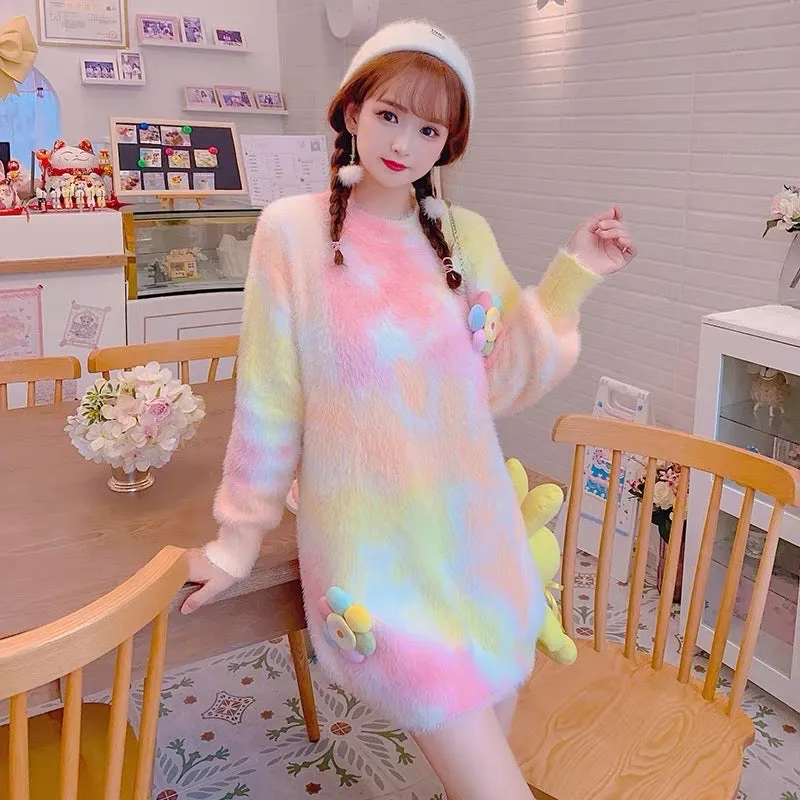 Sweet rainbow gradient mink mid-length sweater dress Korean style ins gentle three-dimensional flower style sweater