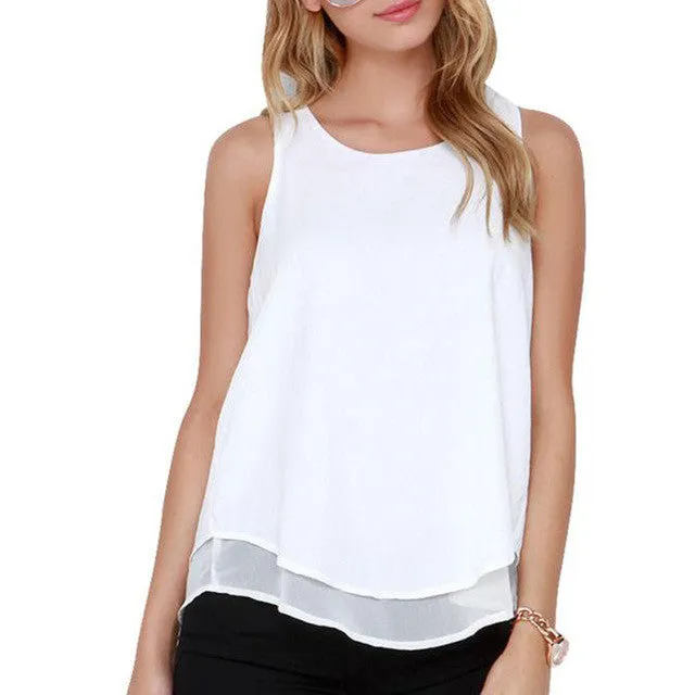 T Shirt Women   Women White Chiffon Shirts O Neck Sleeveless T Shirt Women Female Top Camisetas Mujer GS