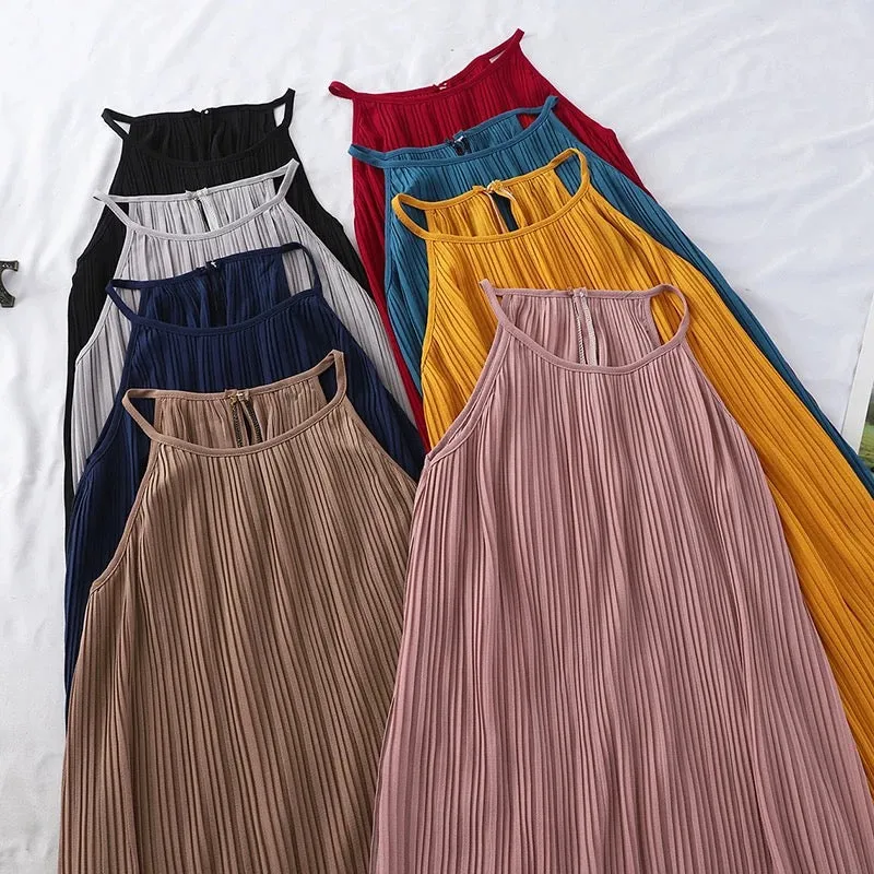 Temperament sleeveless halter neck tank top women's summer new style backless long pleated holiday dress long skirt trendy