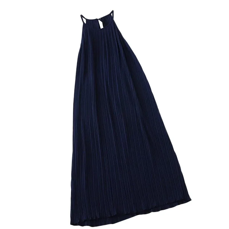 Temperament sleeveless halter neck tank top women's summer new style backless long pleated holiday dress long skirt trendy