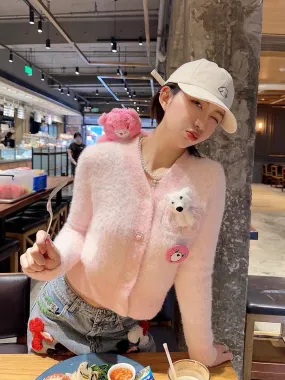 Thebestxue 2023 new Korean style pink short v-neck bear decorated sweater cardigan sweater for women autumn