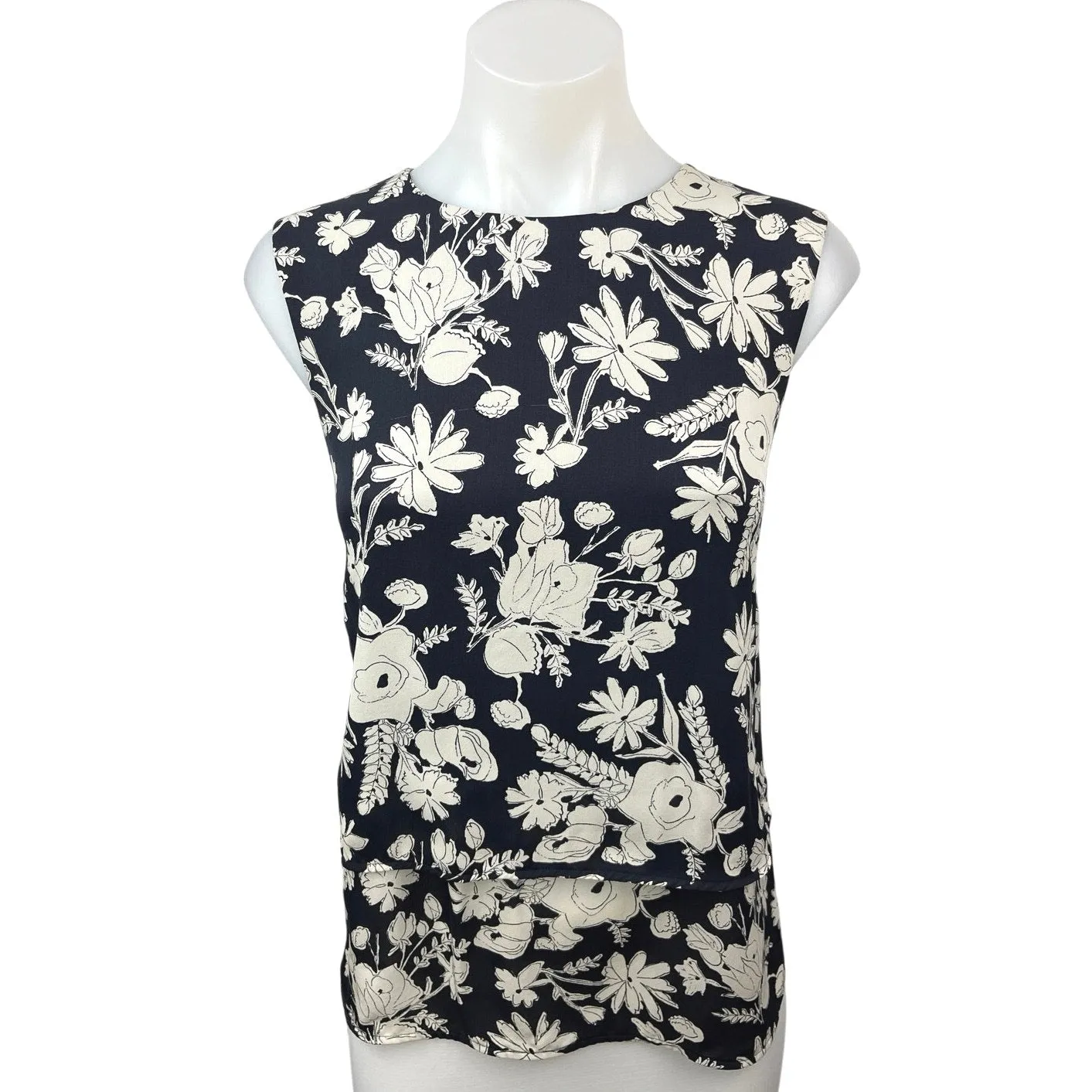 Theory Black 100% Silk Floral Print Sleeveless Crew Neck Blouse Tank Top Size M