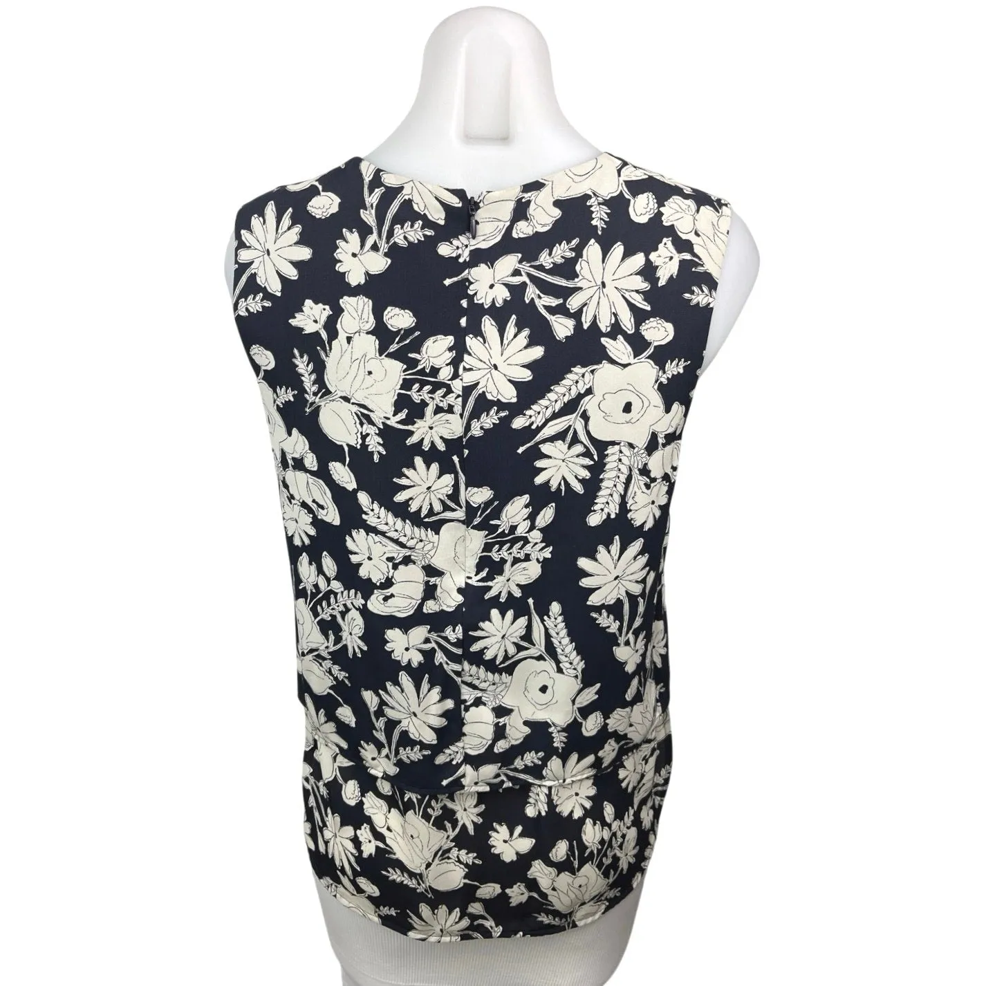 Theory Black 100% Silk Floral Print Sleeveless Crew Neck Blouse Tank Top Size M