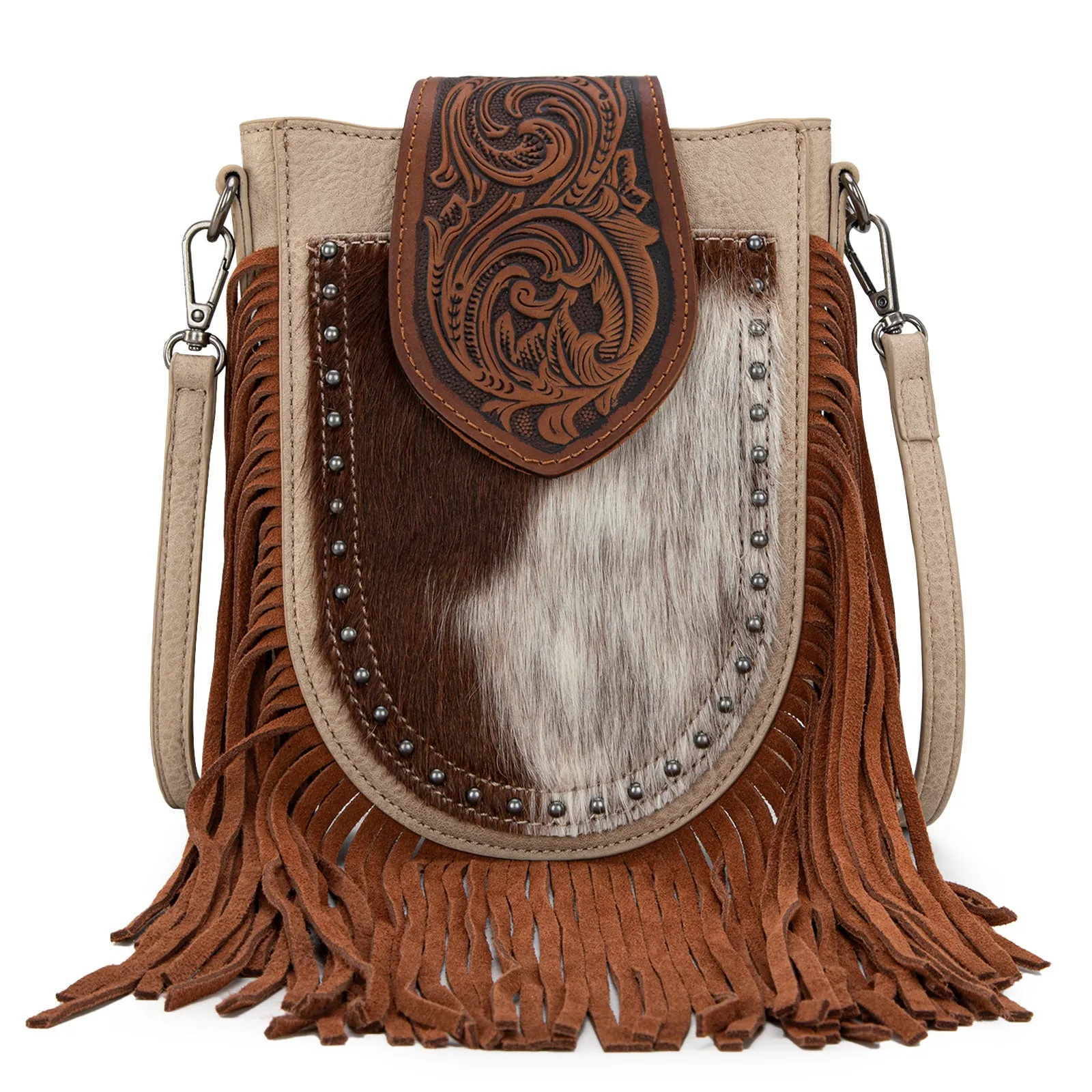 TR180-8360  Trinity Ranch Genuine Hair-On Cowhide Tooled Fringe  Crossbody Bag- Tan