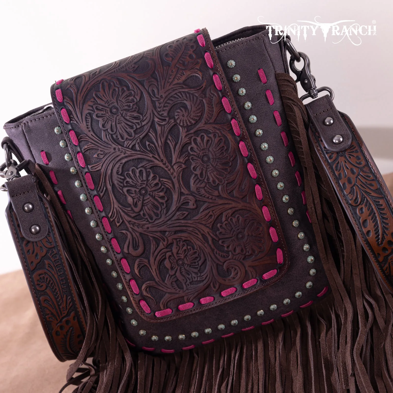 TR181G-9360  Trinity Ranch Floral Tooled  Concealed Carry Crossbody Bag