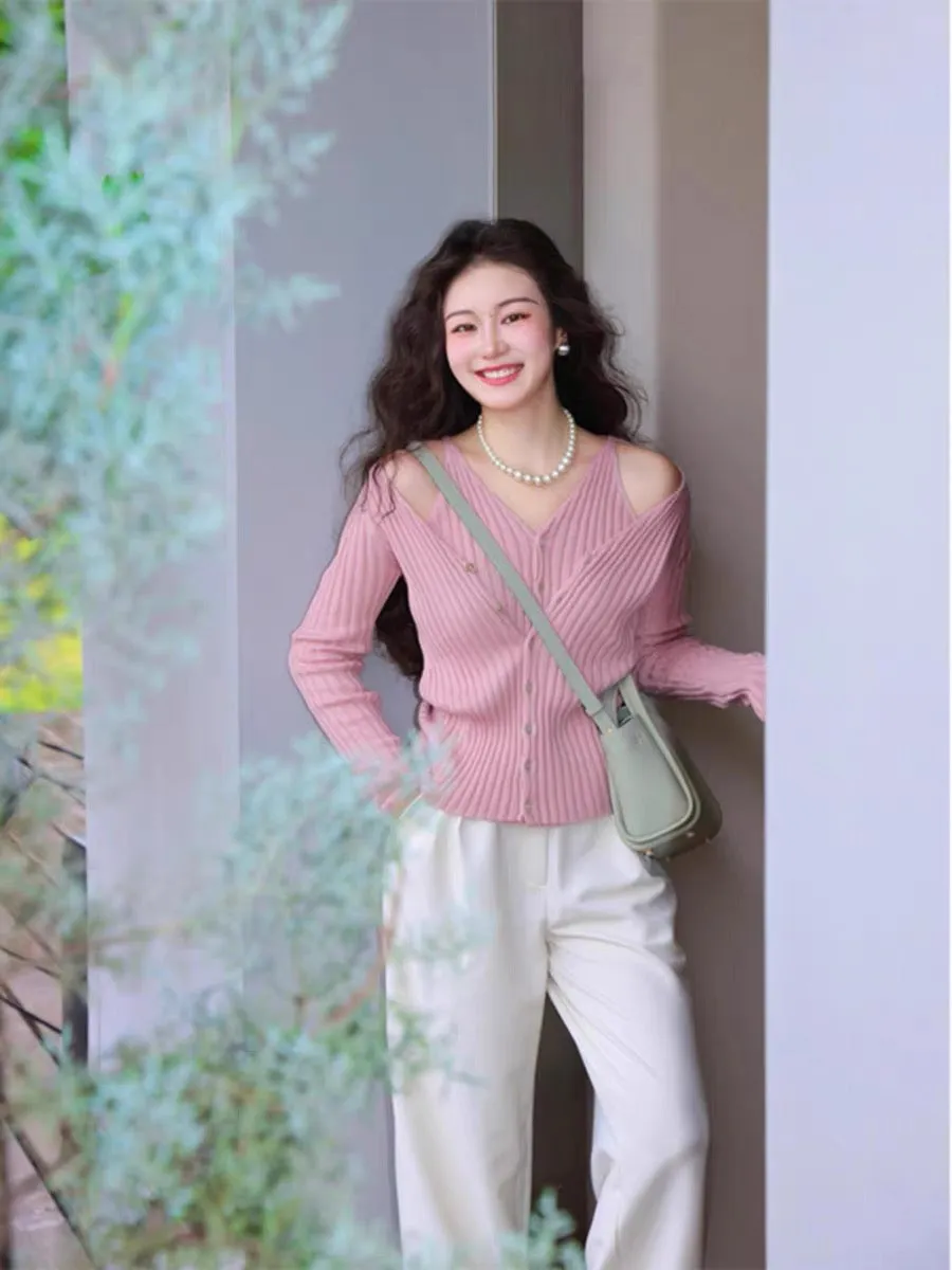 Turn right/Chen Thigh Fake two-piece sweater for women 2023 autumn cardigan high-end design suspender top