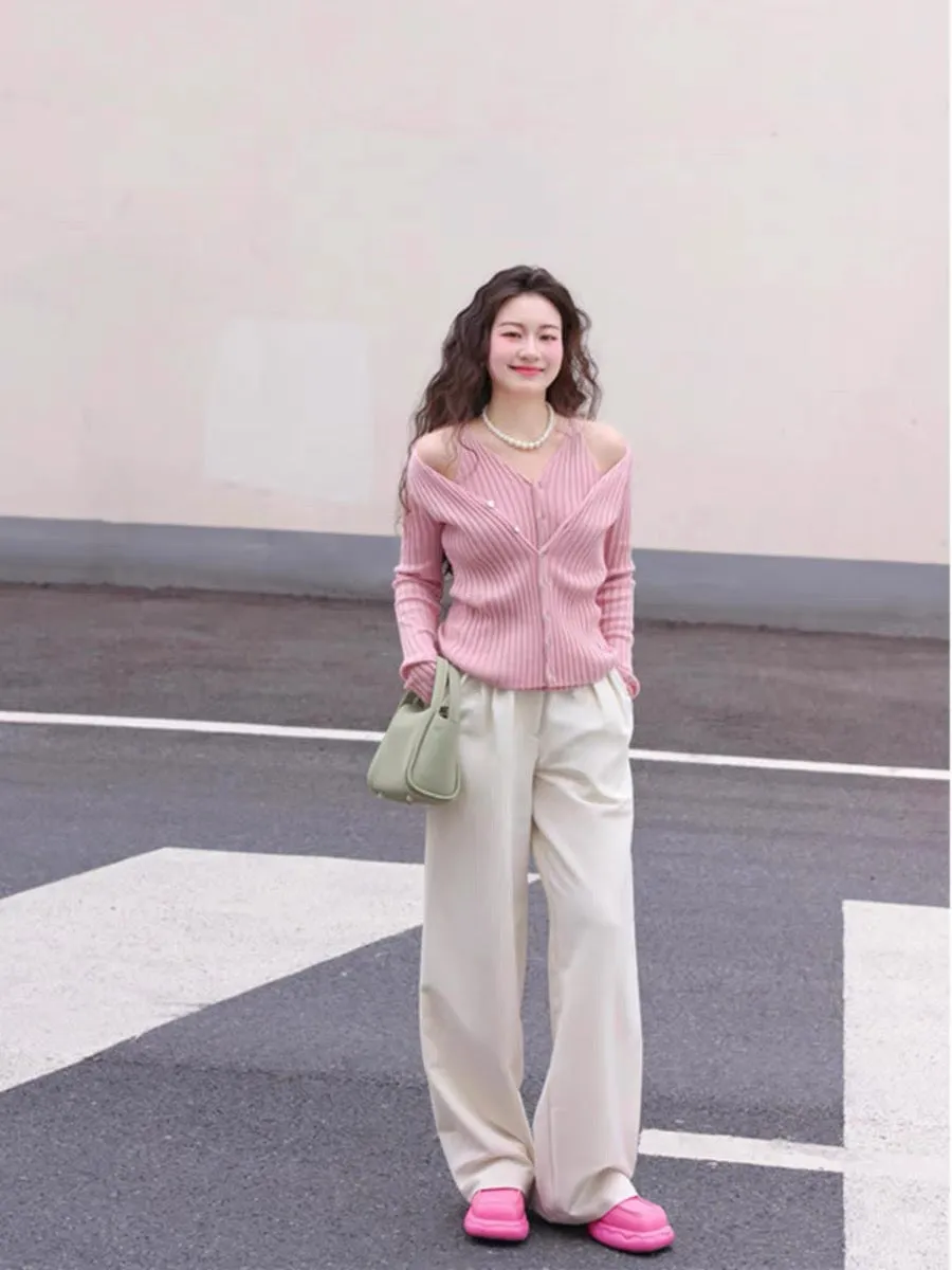 Turn right/Chen Thigh Fake two-piece sweater for women 2023 autumn cardigan high-end design suspender top