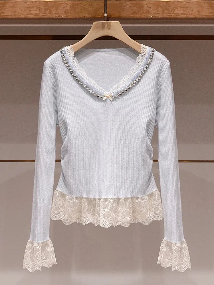 Unique and beautiful top winter Zhuoya 2025 spring new bow ruffled diamond lace blue sweater