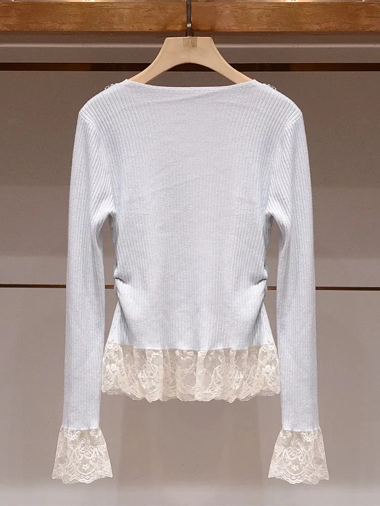 Unique and beautiful top winter Zhuoya 2025 spring new bow ruffled diamond lace blue sweater