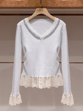 Unique and beautiful top winter Zhuoya 2025 spring new bow ruffled diamond lace blue sweater