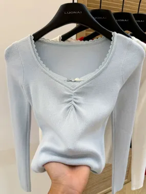 V-neck sweater for women autumn 2024 new design bow lace short long-sleeved top bottoming shirt for women