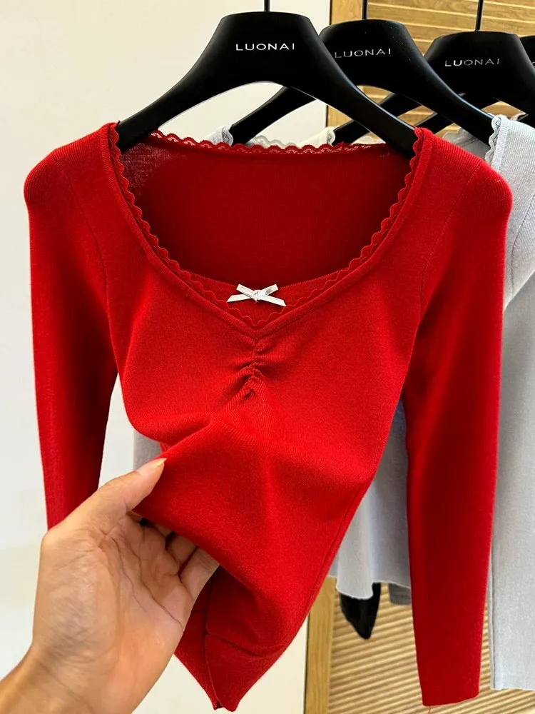 V-neck sweater for women autumn 2024 new design bow lace short long-sleeved top bottoming shirt for women