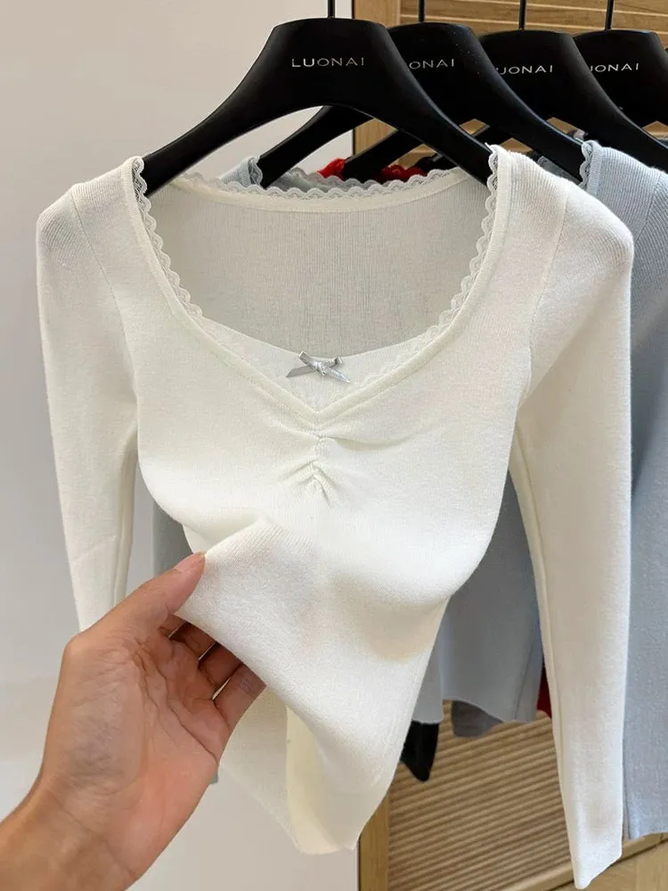 V-neck sweater for women autumn 2024 new design bow lace short long-sleeved top bottoming shirt for women