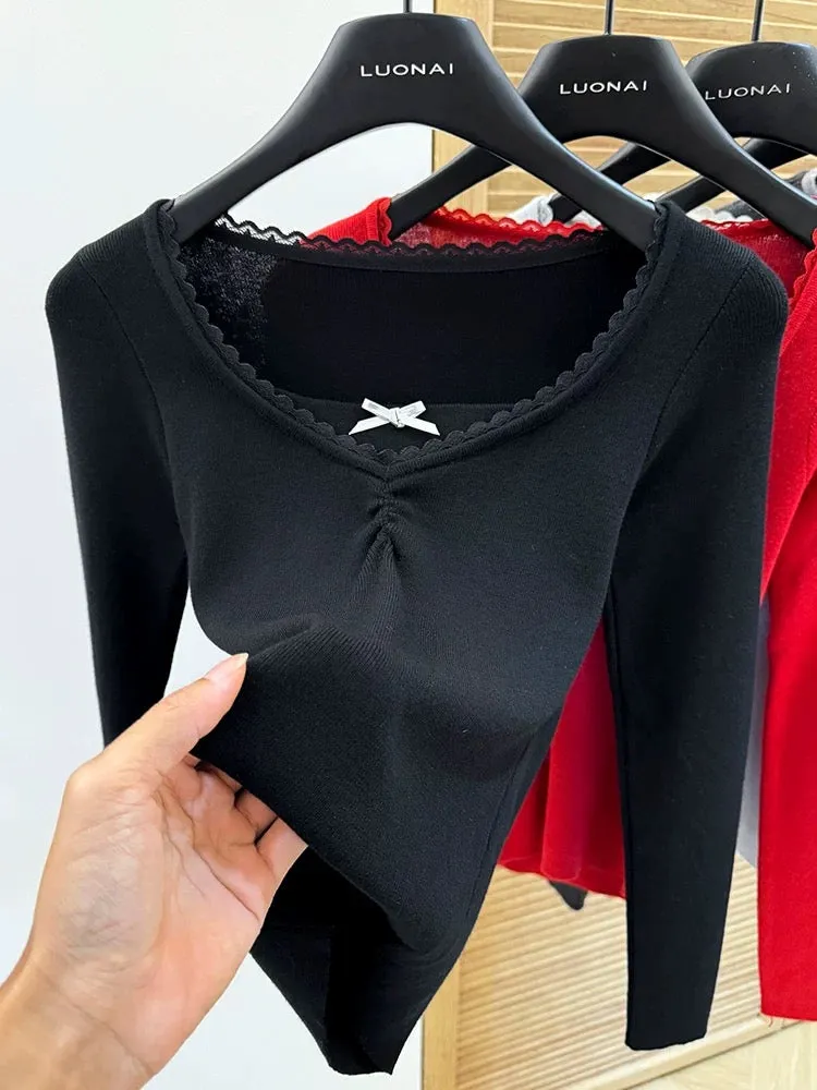 V-neck sweater for women autumn 2024 new design bow lace short long-sleeved top bottoming shirt for women