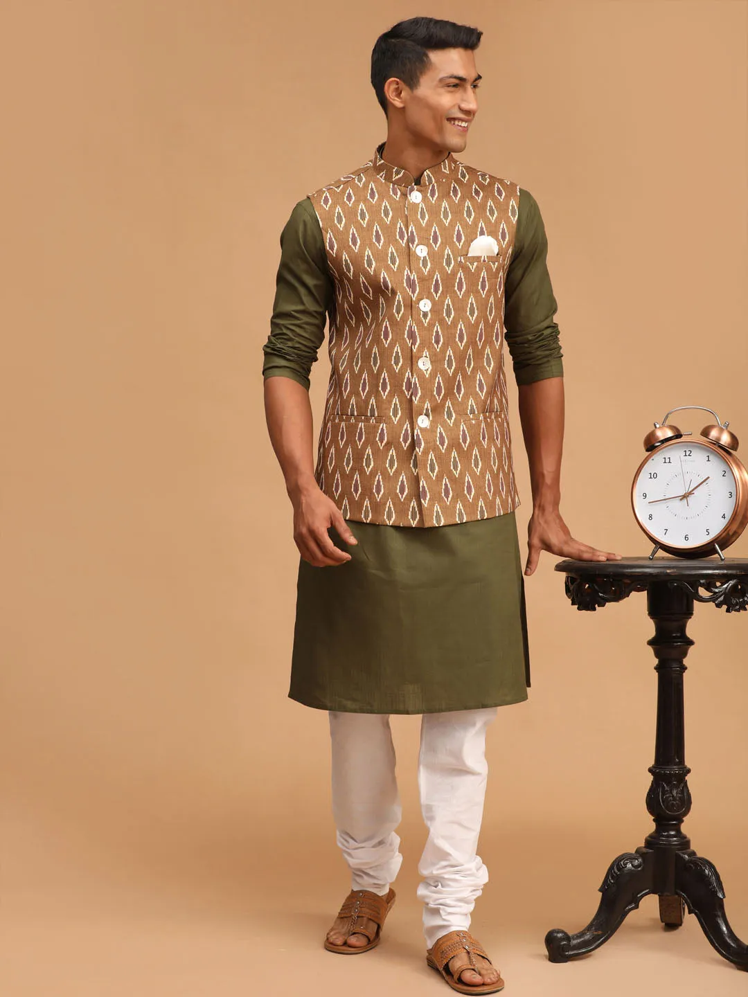 VASTRAMAY Men's Green Printed Cotton Nehru Jacket With Mehdi Green Kurta And White Pyjama Set