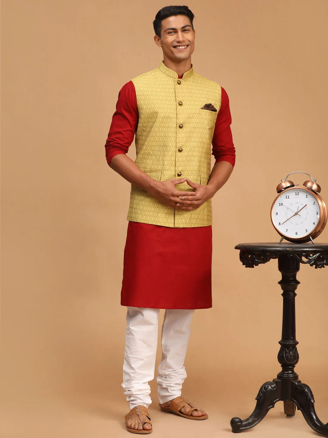 VASTRAMAY Men's Yellow Jacquard Nehru Jacket with Kurta Pyjama Set