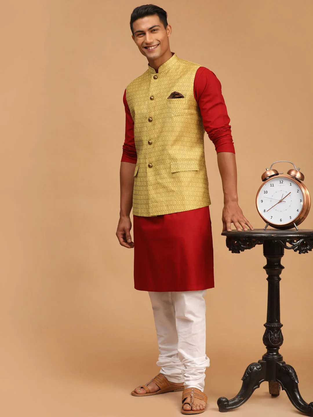 VASTRAMAY Men's Yellow Jacquard Nehru Jacket with Kurta Pyjama Set