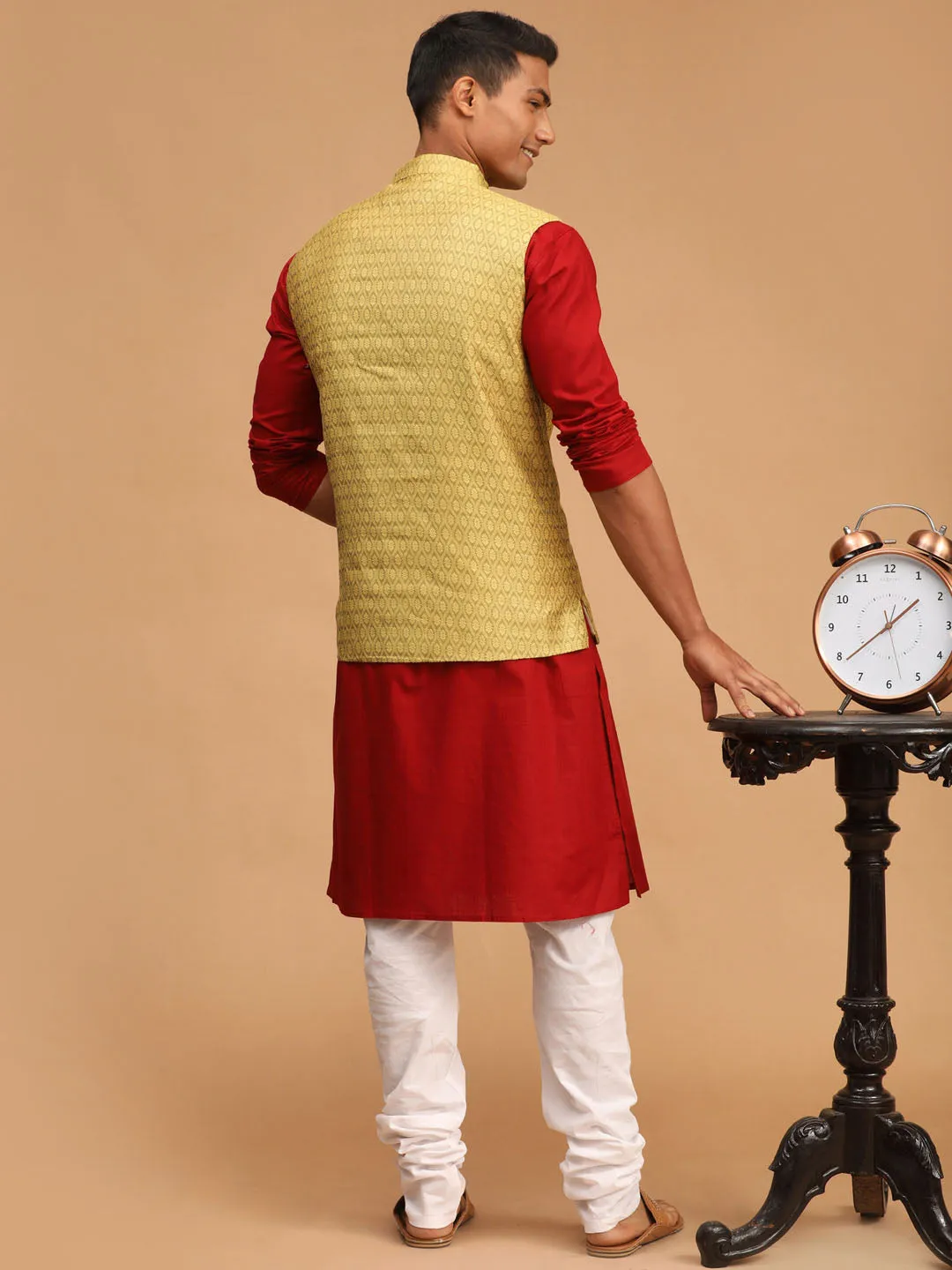 VASTRAMAY Men's Yellow Jacquard Nehru Jacket with Kurta Pyjama Set